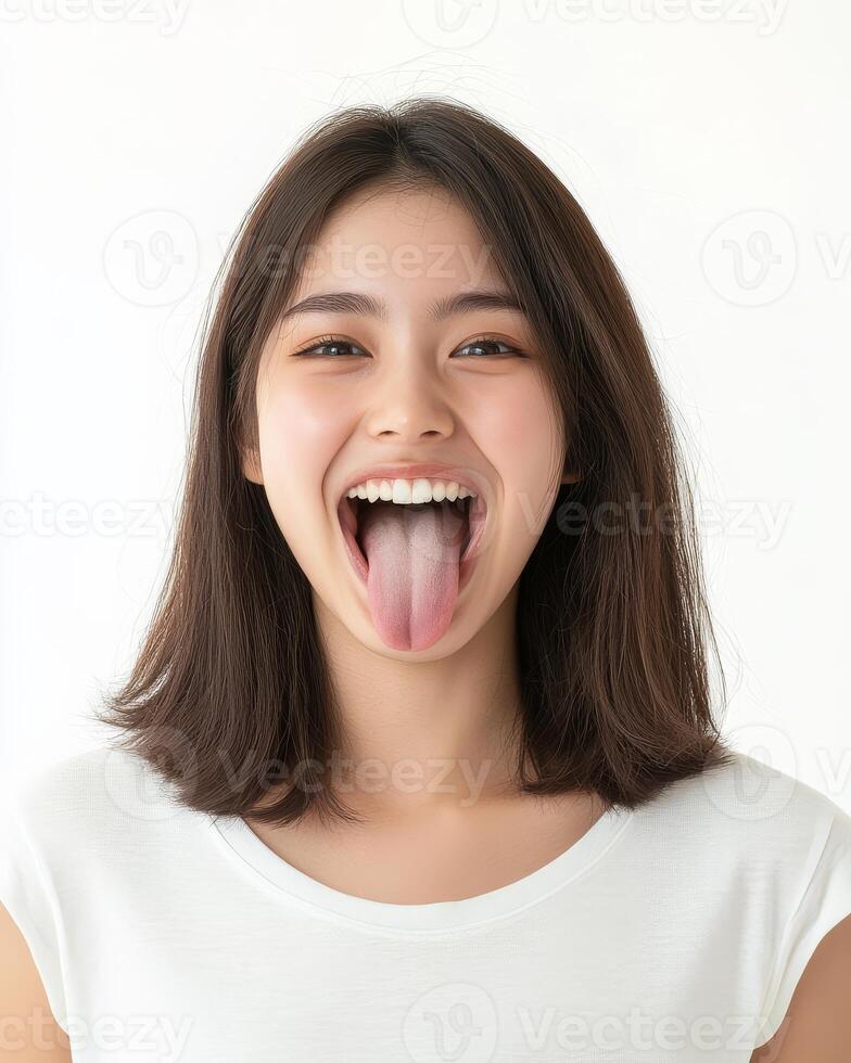 A young woman is expressing joy with a playful tongue gesture photo