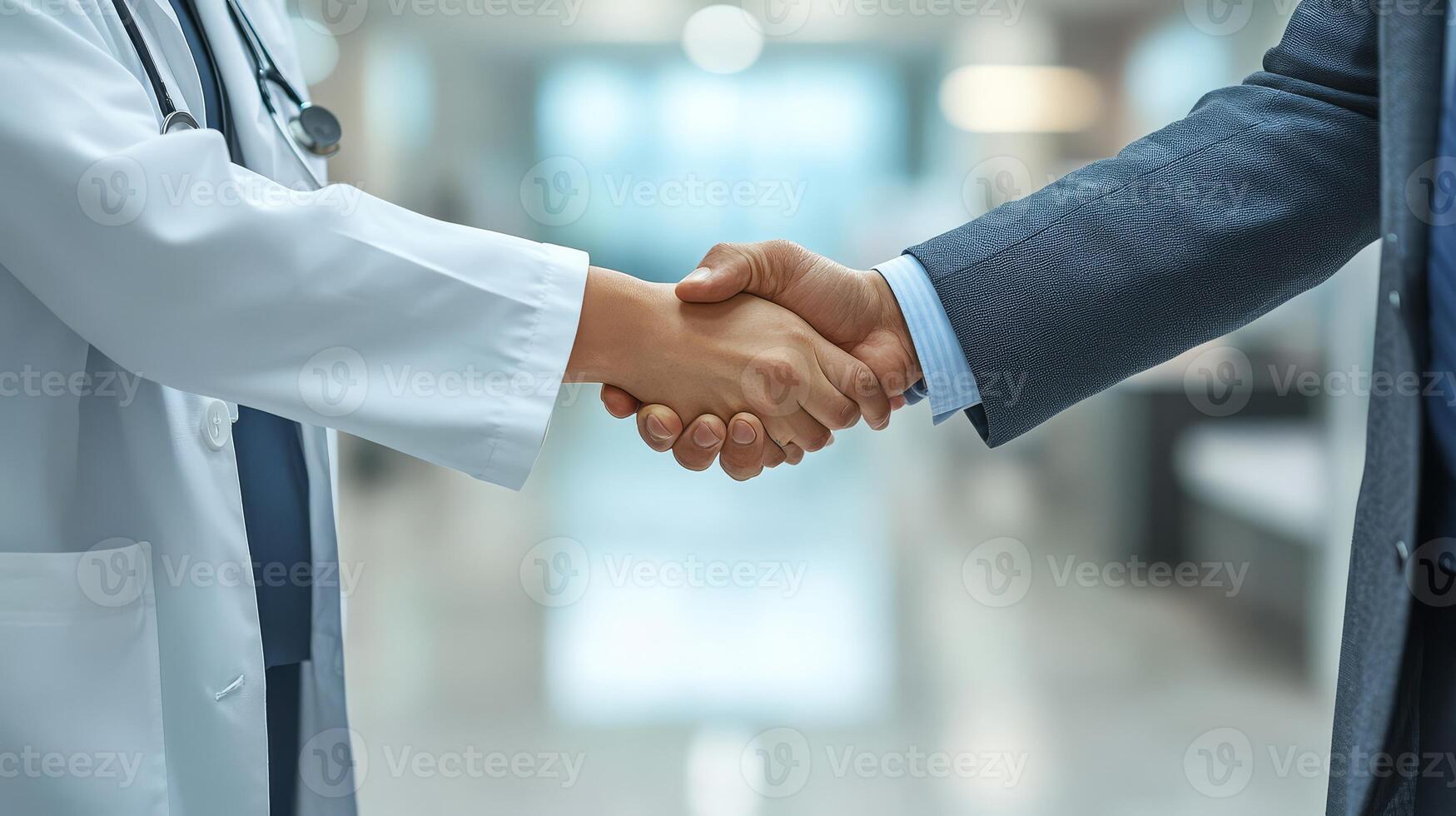 A doctor and a businessman shake hands in a hospital setting, signifying collaboration photo