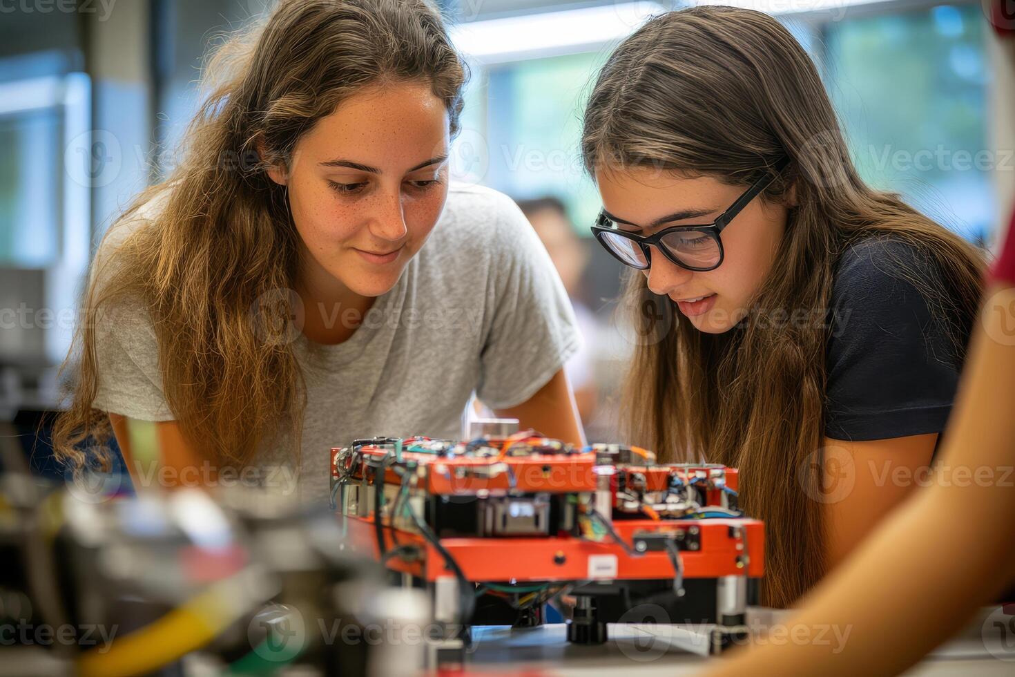Students engaged in hands-on robotics project, exploring technology and creativity photo