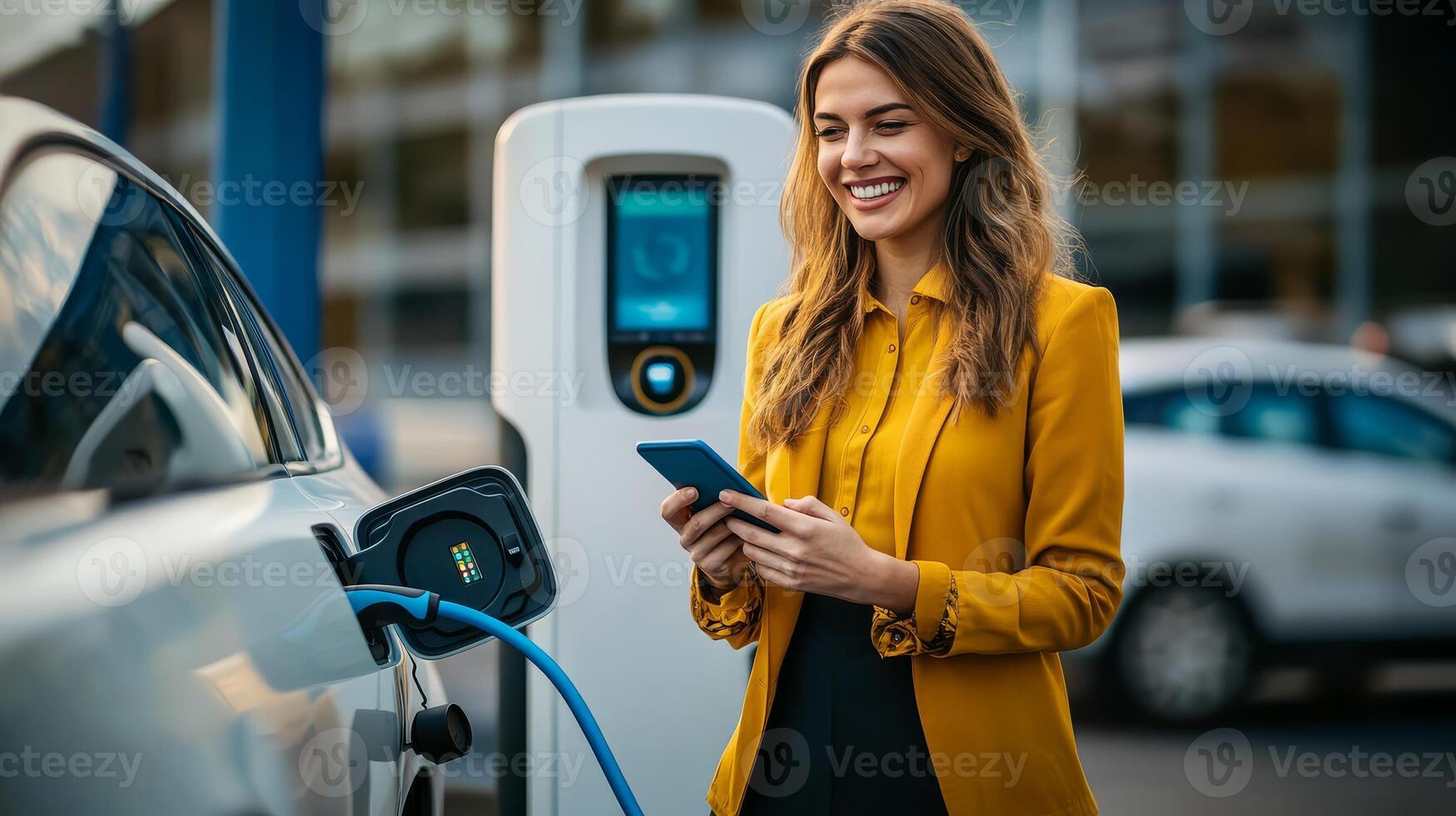 Stylish woman enjoys charging her electric car while using her smartphone photo