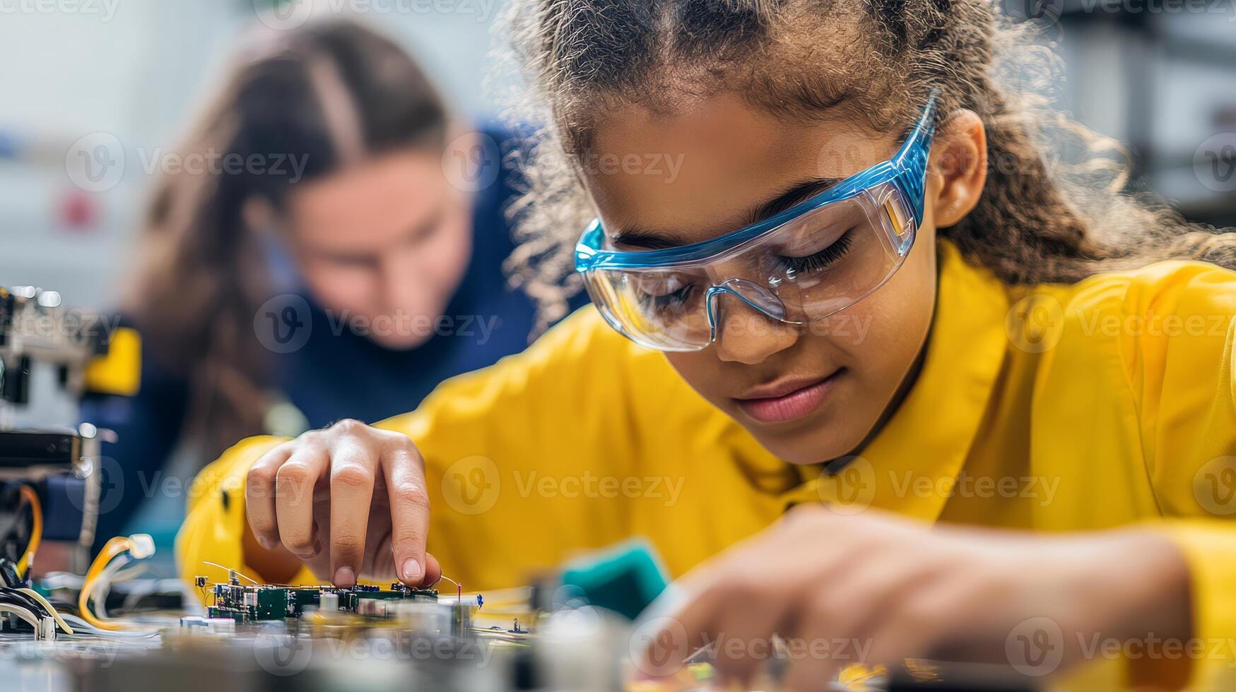 A child learns about circuits while an instructor supports her efforts photo