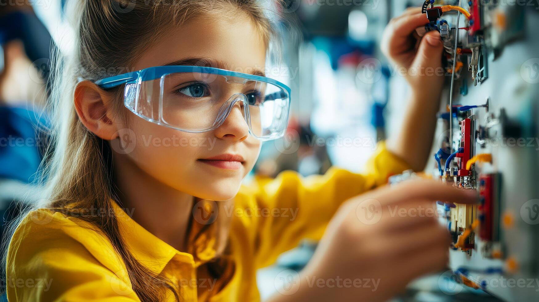 A curious child explores wiring in a vibrant engineering workshop photo