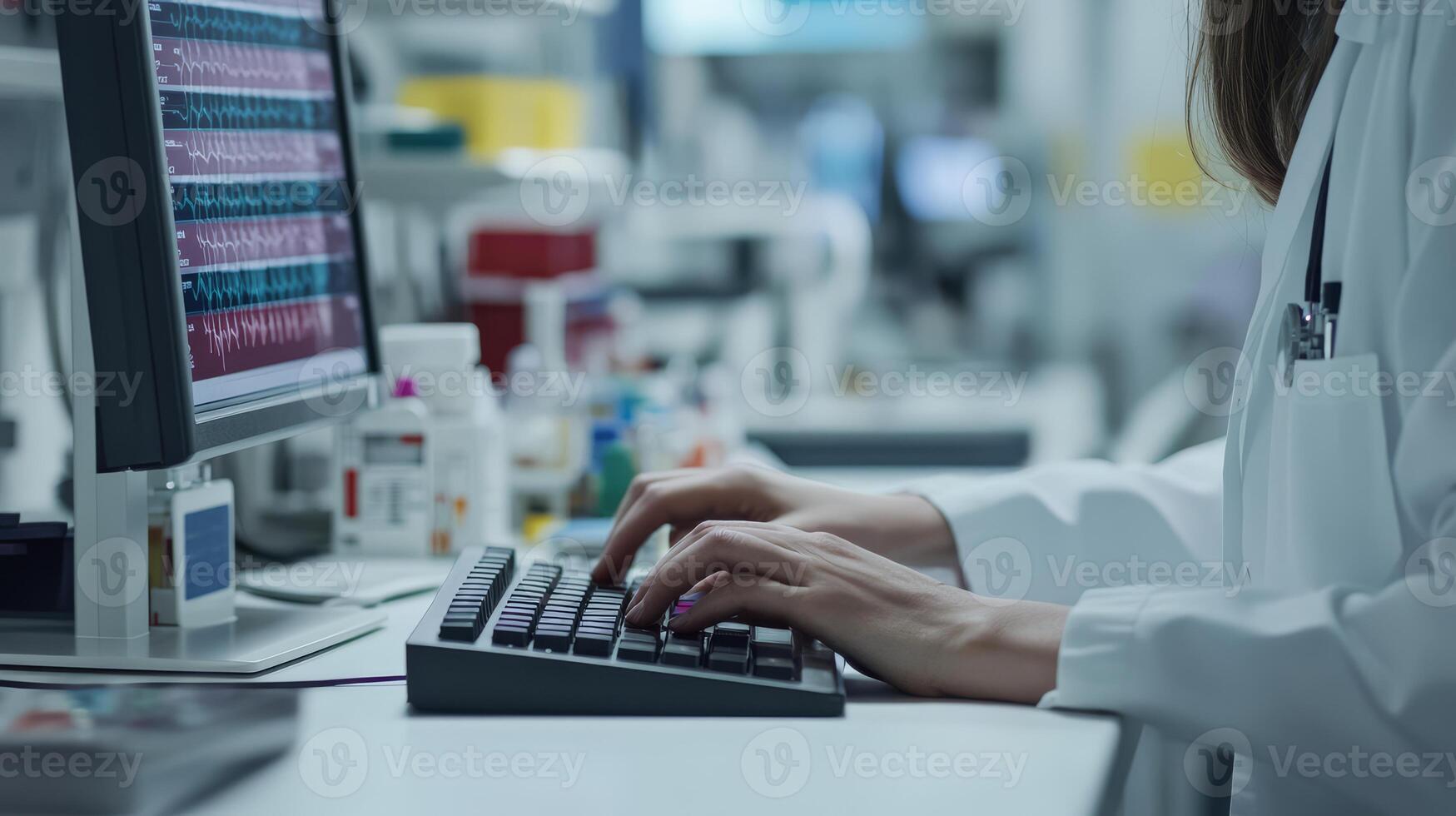 A healthcare worker reviews patient information on a computer screen photo