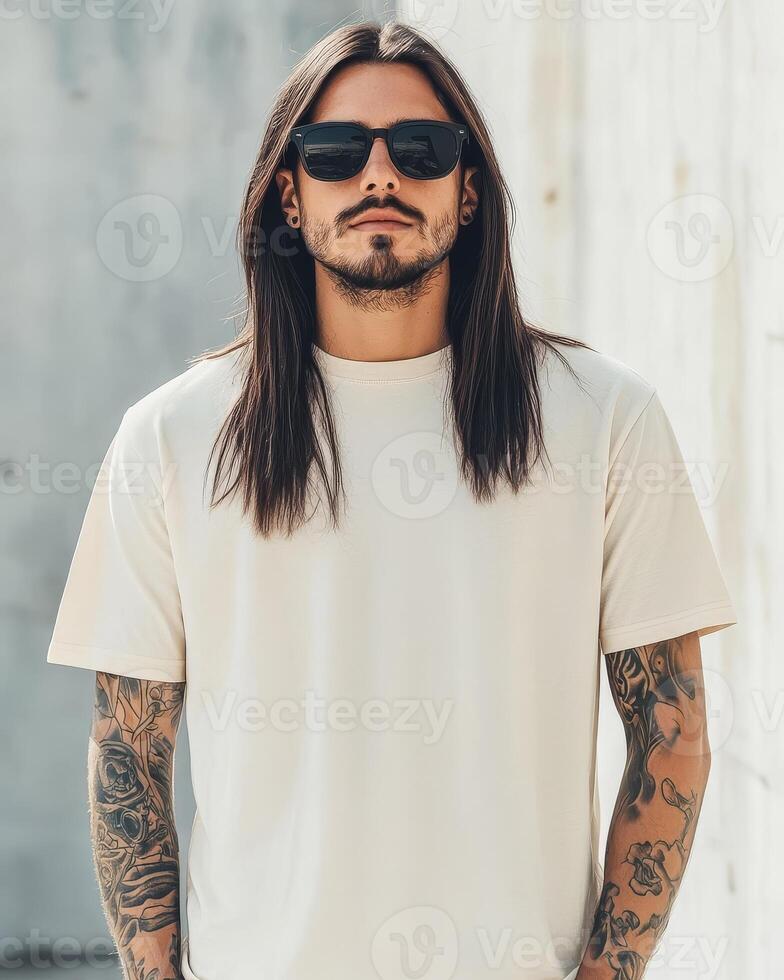Model displays a blank t-shirt with confidence in a modern urban environment photo
