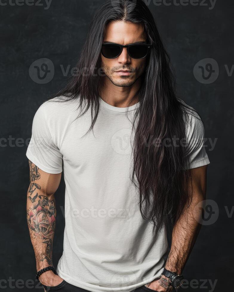Confident model displays a simple t-shirt, exuding cool charm and urban flair photo