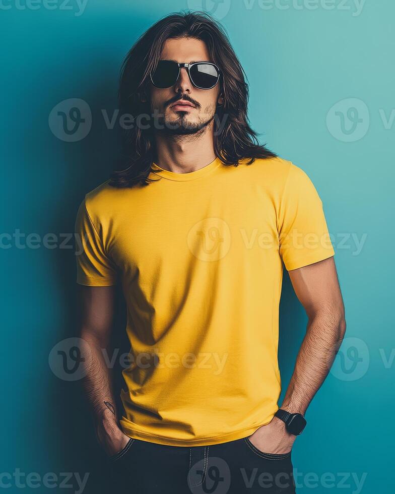 A stylish model poses in a blank yellow t-shirt, exuding a confident vibe photo