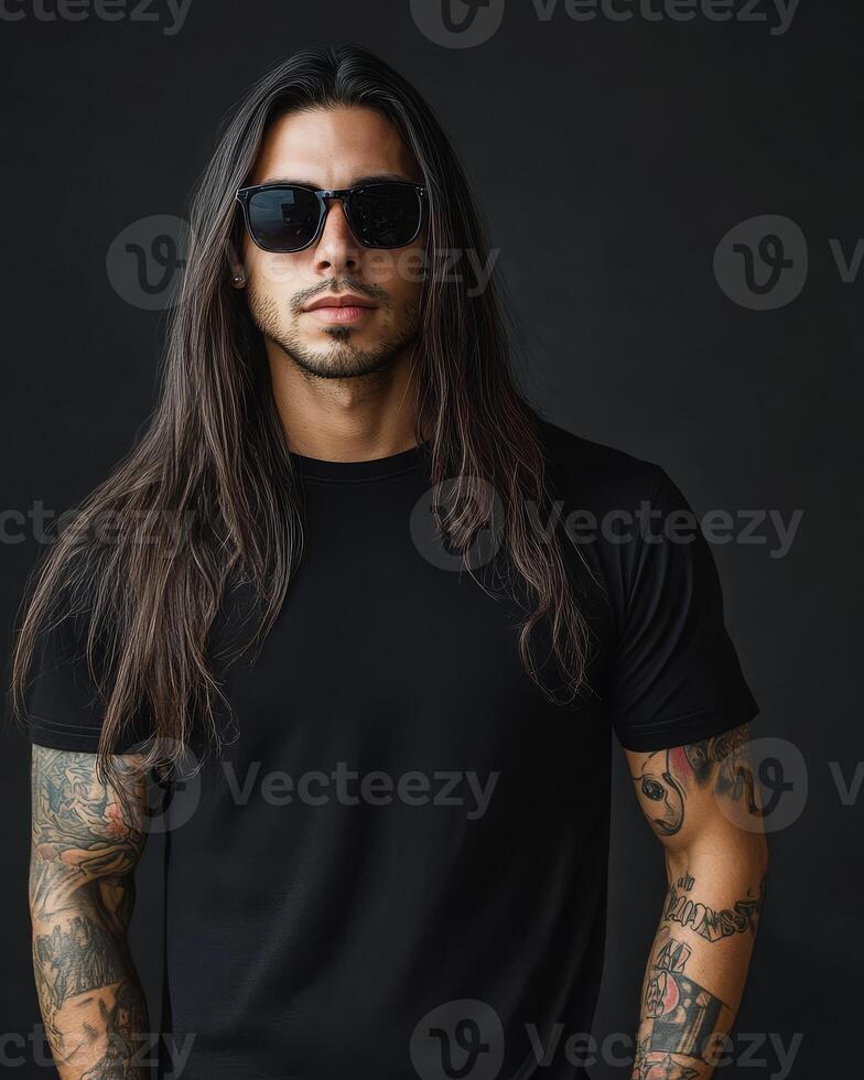 Stylish individual promotes a versatile blank t-shirt with a confident pose photo