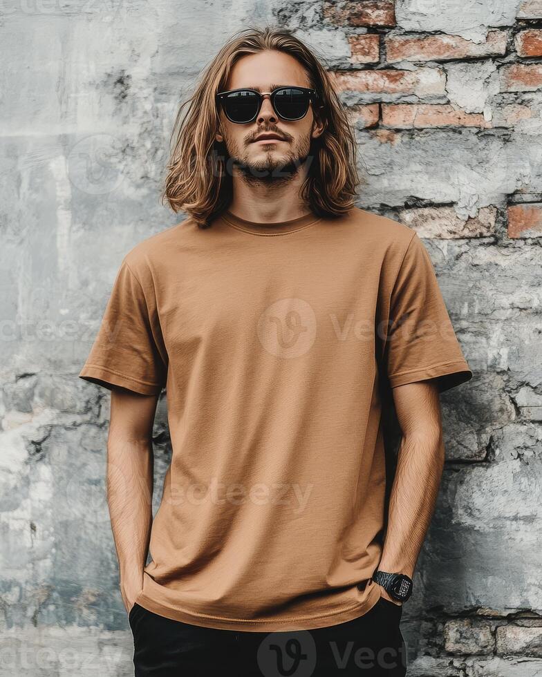 A model with long hair confidently displays a blank t-shirt photo