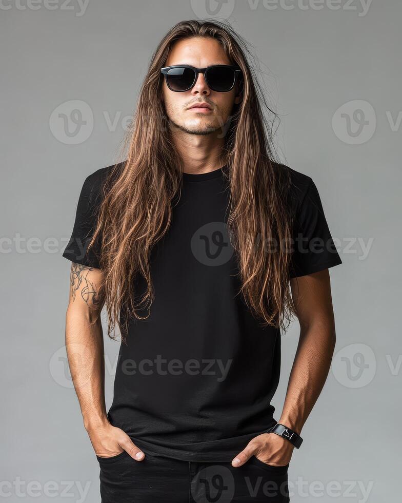 A confident model flaunts a classic blank t-shirt with effortless style photo
