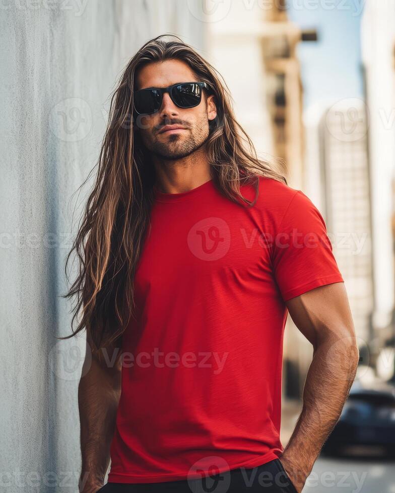 Charismatic individual poses in a vibrant t-shirt on a city street photo