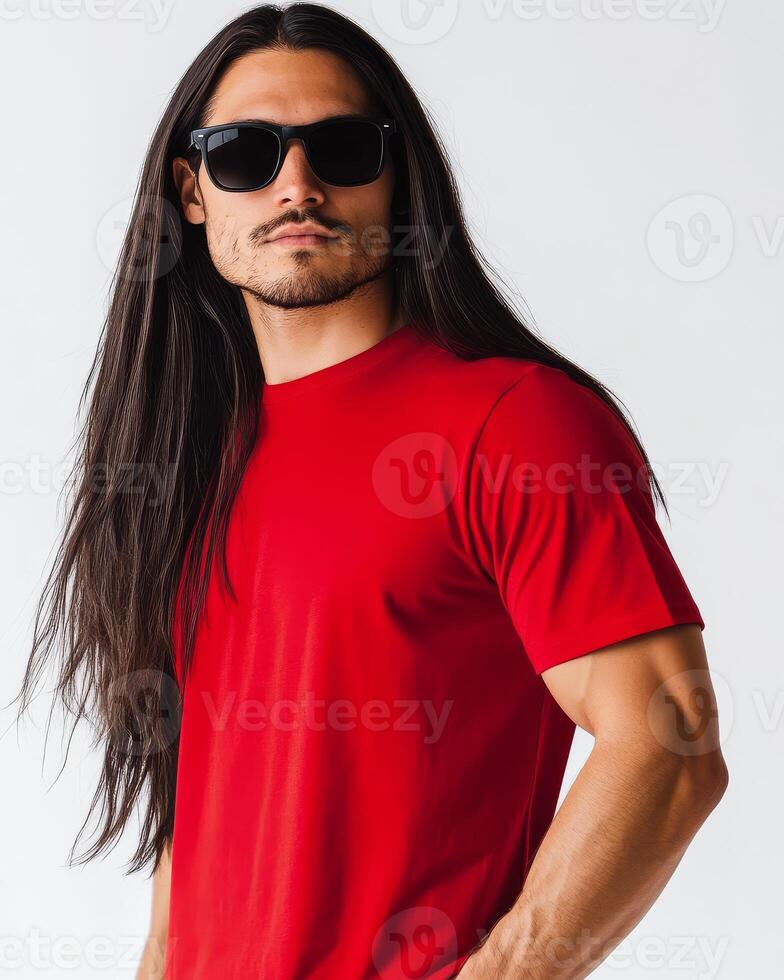 Model displays a vibrant t-shirt, radiating confident charisma and style photo