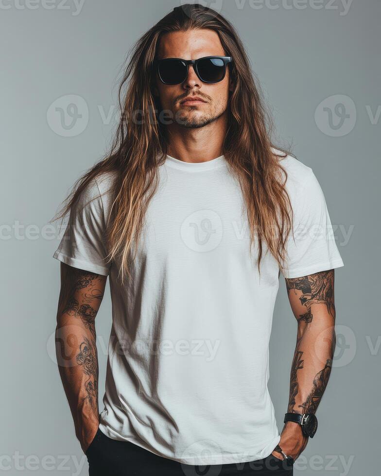 Model poses confidently in a blank t-shirt, exuding a trendy bad boy vibe photo