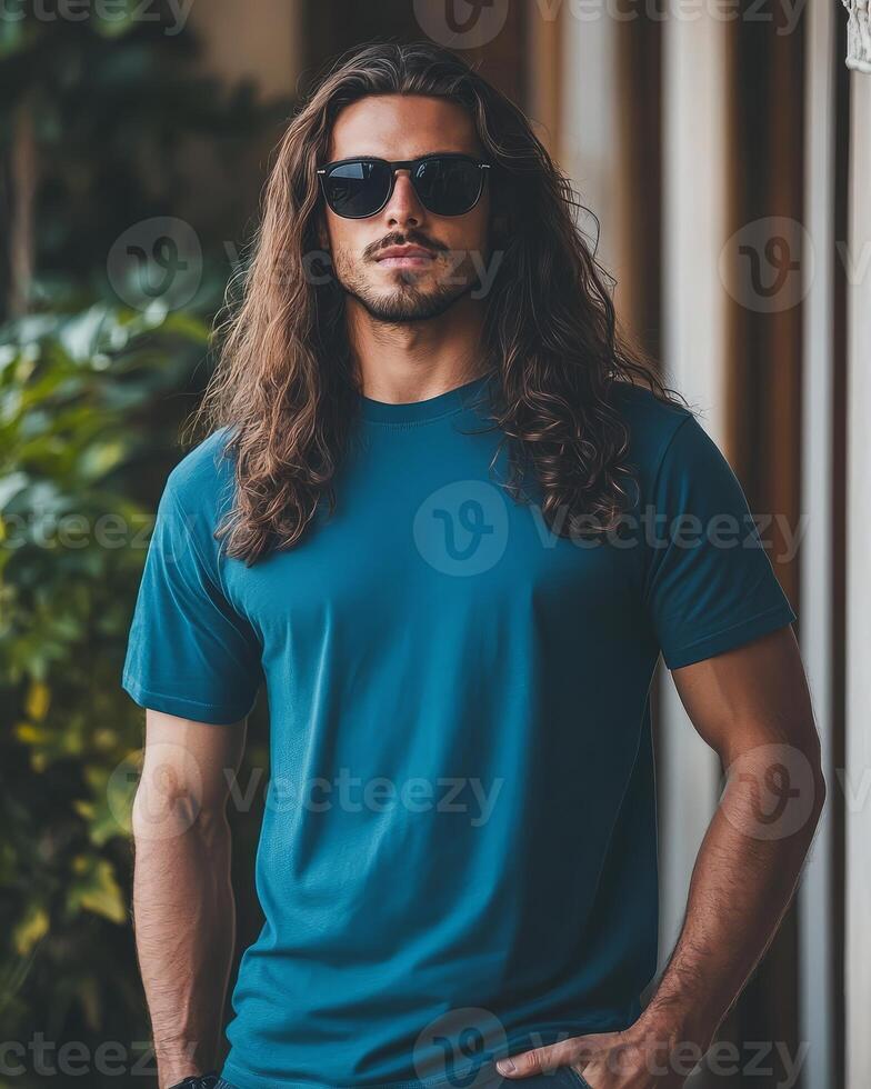 Model with long hair poses confidently in a blank t-shirt, exuding charm photo