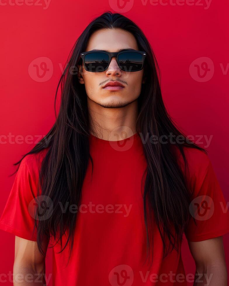 A handsome model poses confidently in a blank t-shirt and sunglasses photo