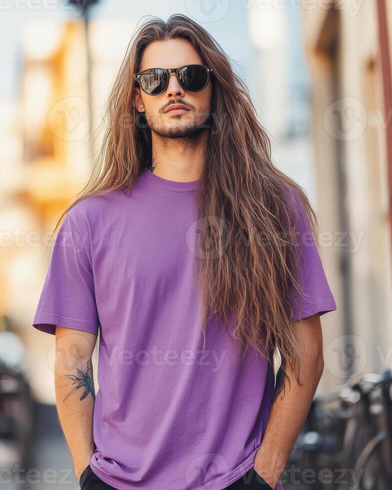 A handsome model showcases a vibrant t-shirt in an urban setting photo