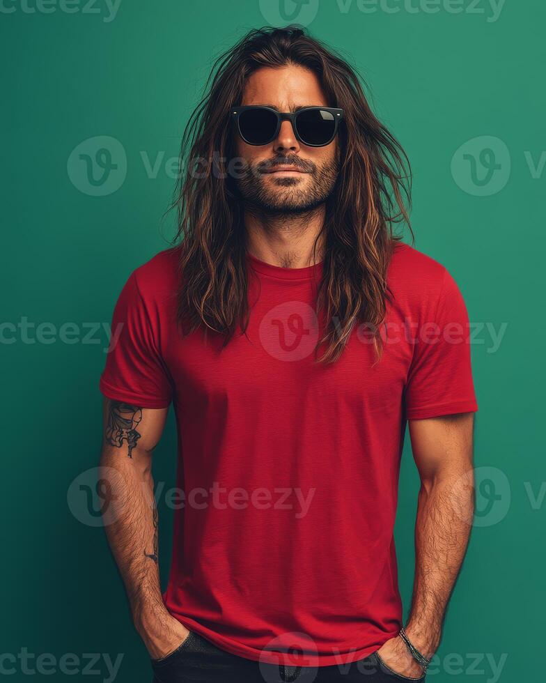 The model poses confidently in a bright red t-shirt, exuding cool vibes photo