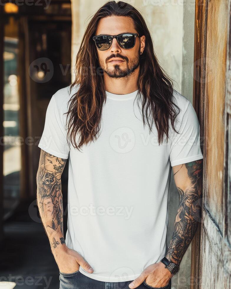 Handsome model in a blank tee poses confidently against a rustic backdrop photo