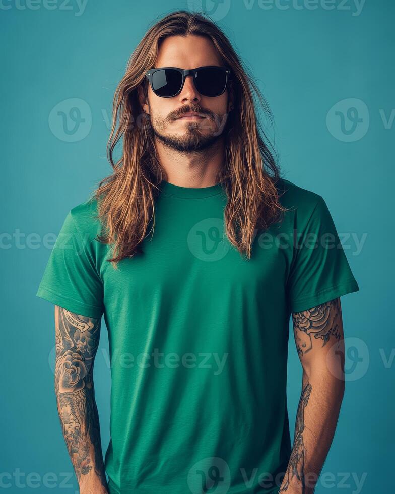Trendy model wears a blank t-shirt, exuding confidence and cool vibes photo