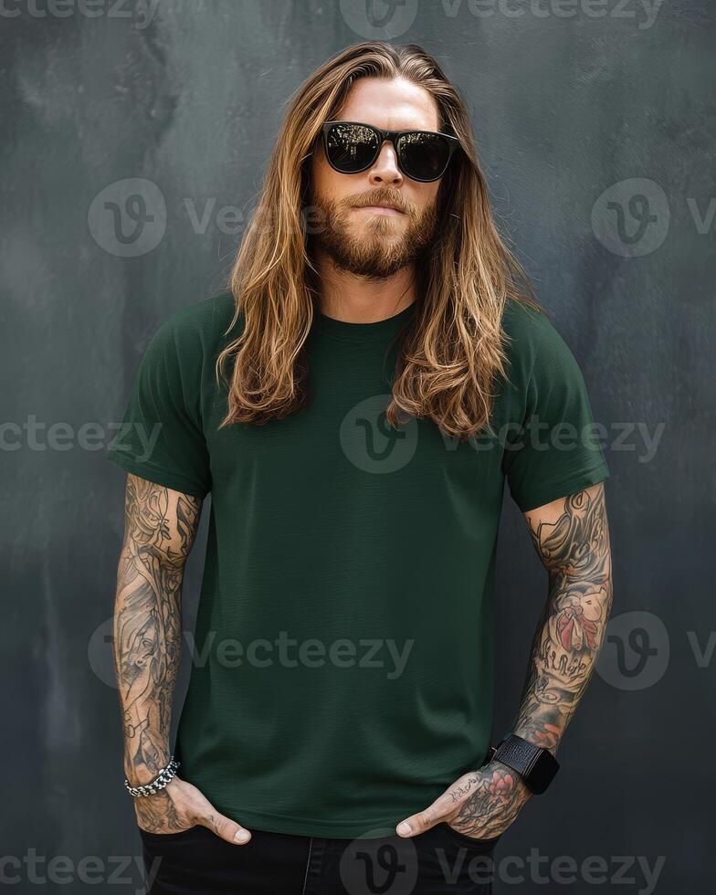 Handsome model with long hair stands confidently in a trendy location photo