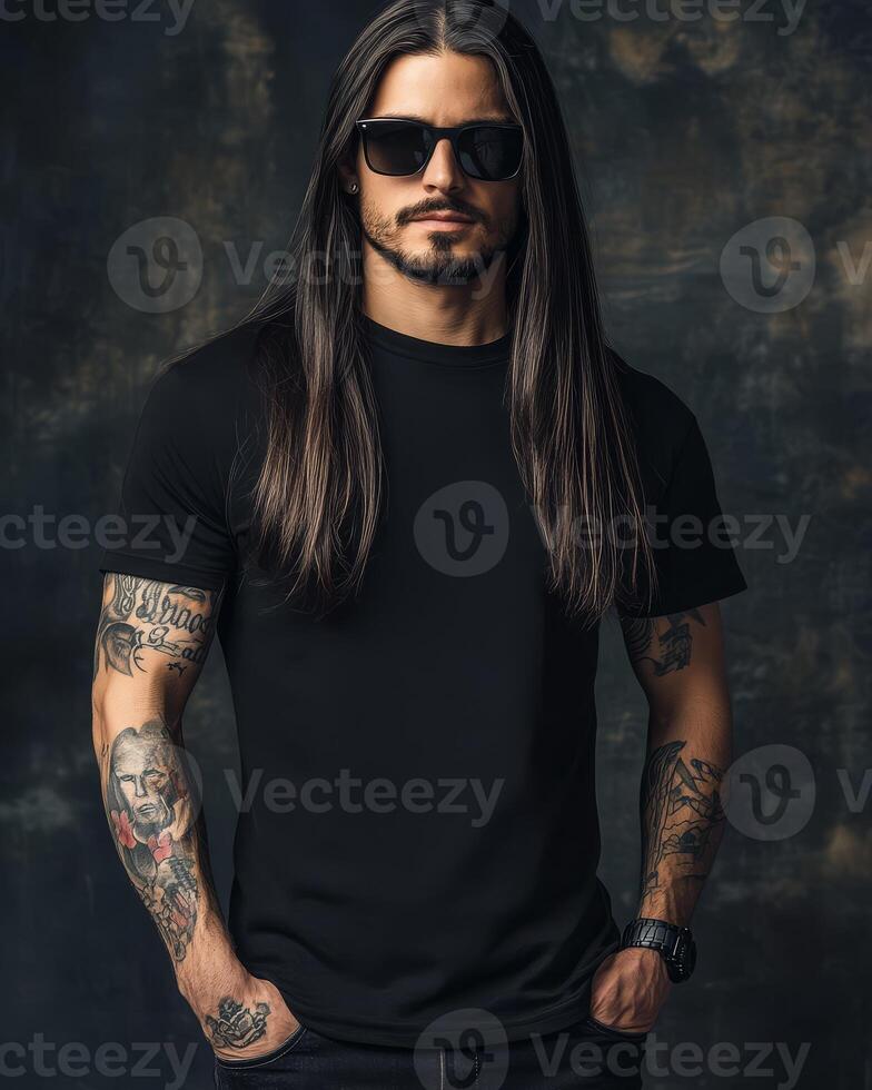 Stylish model showcases a blank t-shirt with a confident and edgy vibe photo