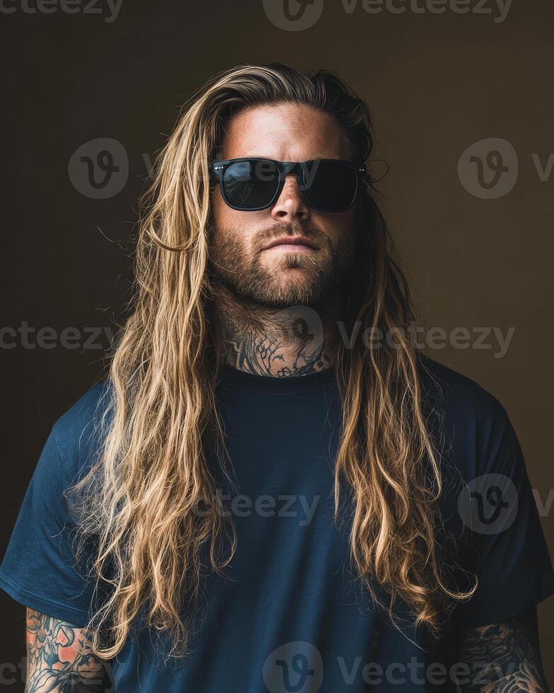 A stylish model displays a blank t-shirt while exuding an edgy vibe photo