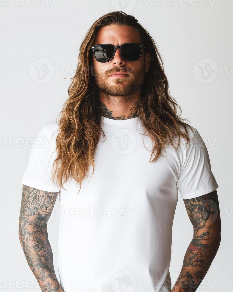 Model confidently presents a blank t-shirt against a simple backdrop photo