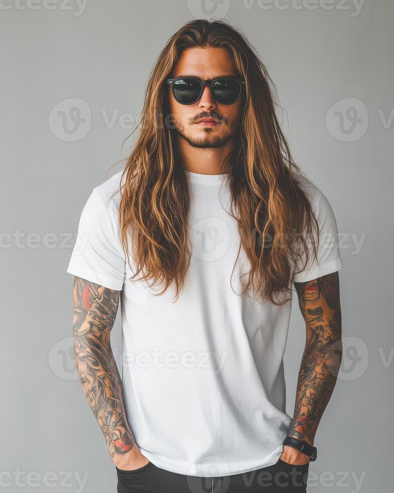 A model displays a blank t-shirt with an effortlessly cool attitude photo
