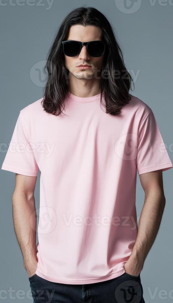 A model displays a pink t-shirt while looking confidently into the camera photo