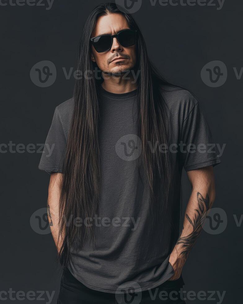 A confident model showcases a blank t-shirt with a striking pose photo