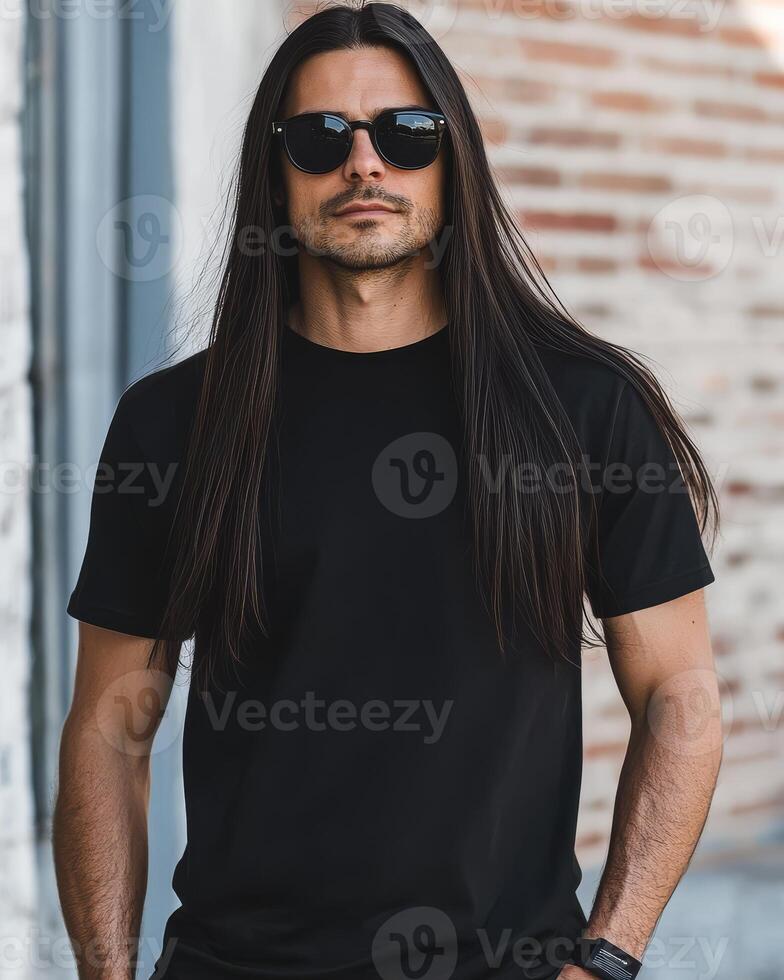 Fashionable model with long hair confidently wearing a blank t-shirt photo