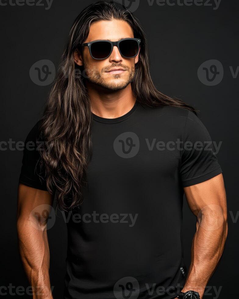 Striking model showcases a blank tee with a bold, charismatic presence photo