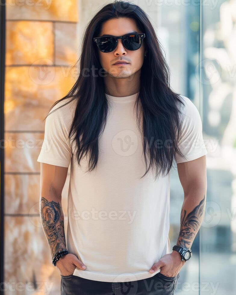 A confident model showcases a blank t-shirt with an urban touch photo