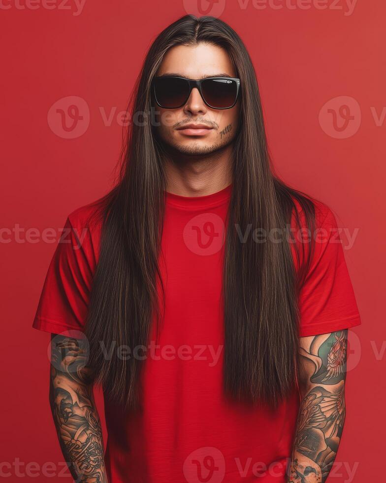 Tall model flaunts a blank red t-shirt with cool sunglasses and long hair photo