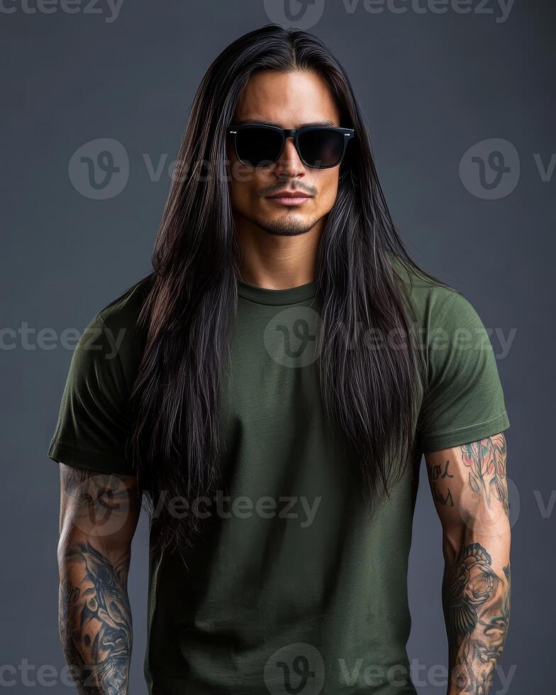 A model flaunts a blank t-shirt, exuding a cool and confident vibe photo