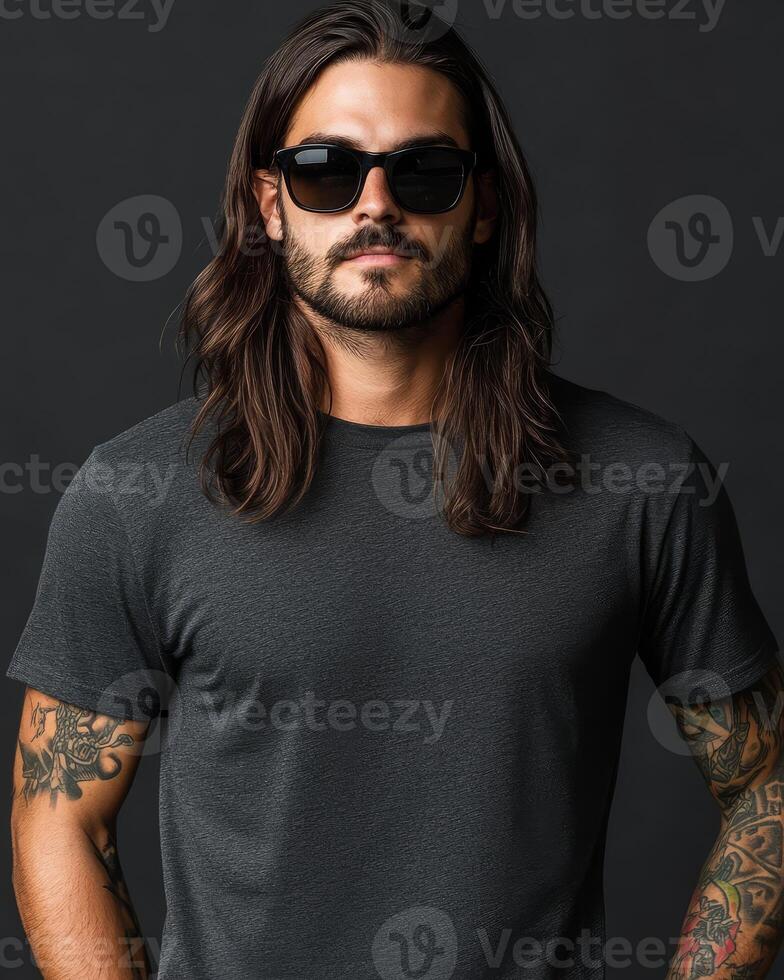 Model exudes confidence while presenting a blank t-shirt in urban style photo