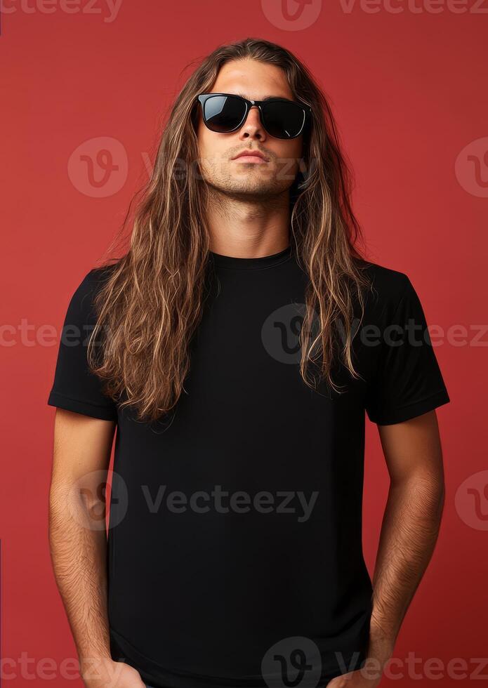 Model with long hair poses confidently, displaying a plain t-shirt effortlessly photo