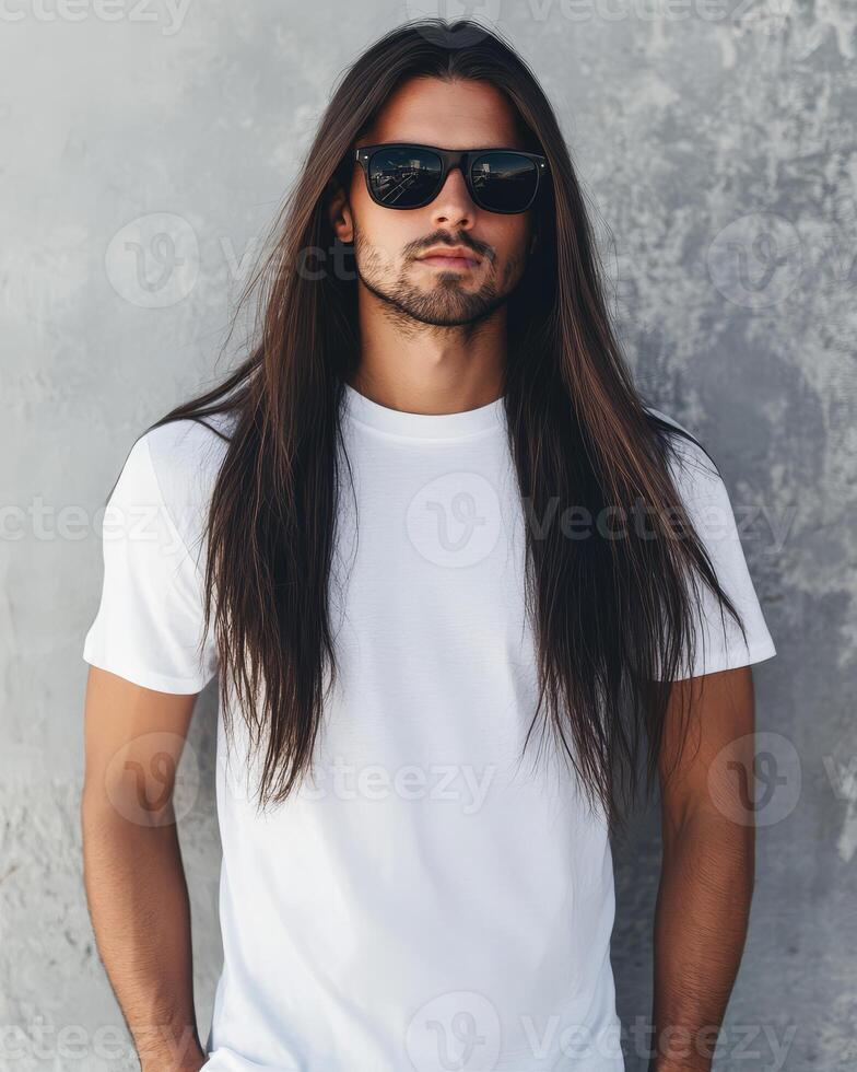A stylish model showcases a plain t-shirt with long hair and sunglasses photo