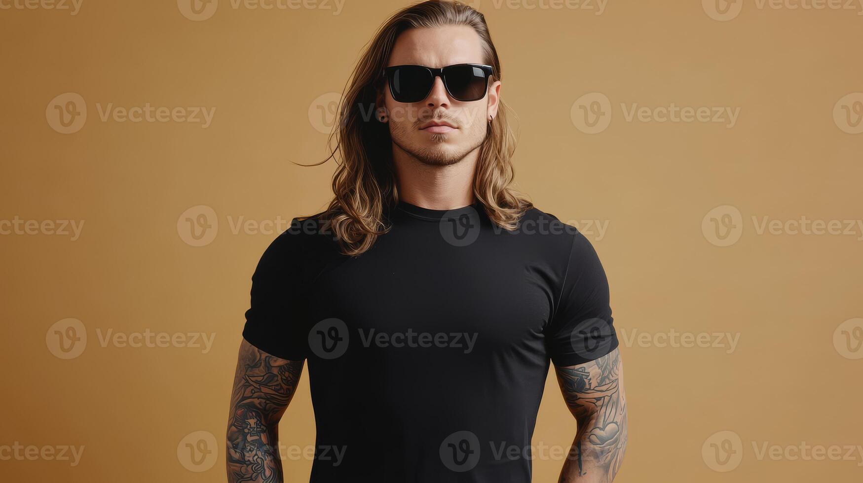 Model with long hair poses confidently, displaying a plain t-shirt effortlessly photo
