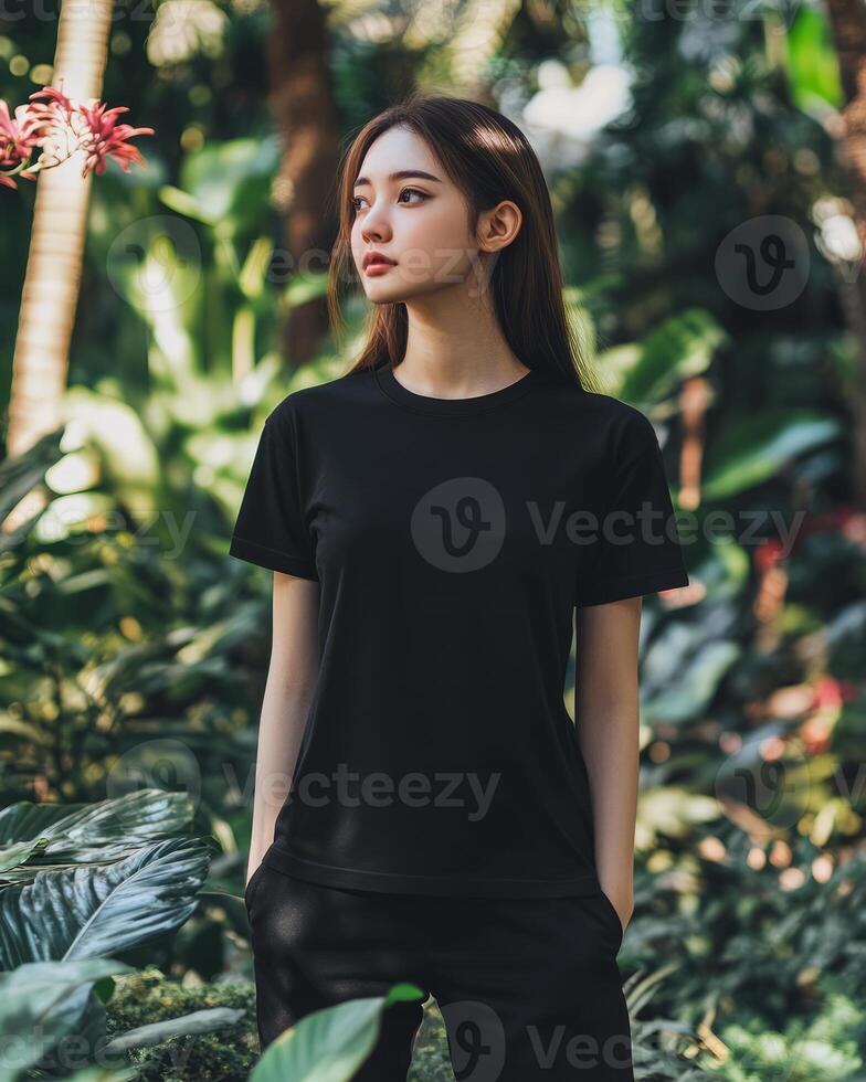 Female model poses in a black t-shirt surrounded by vibrant greenery photo