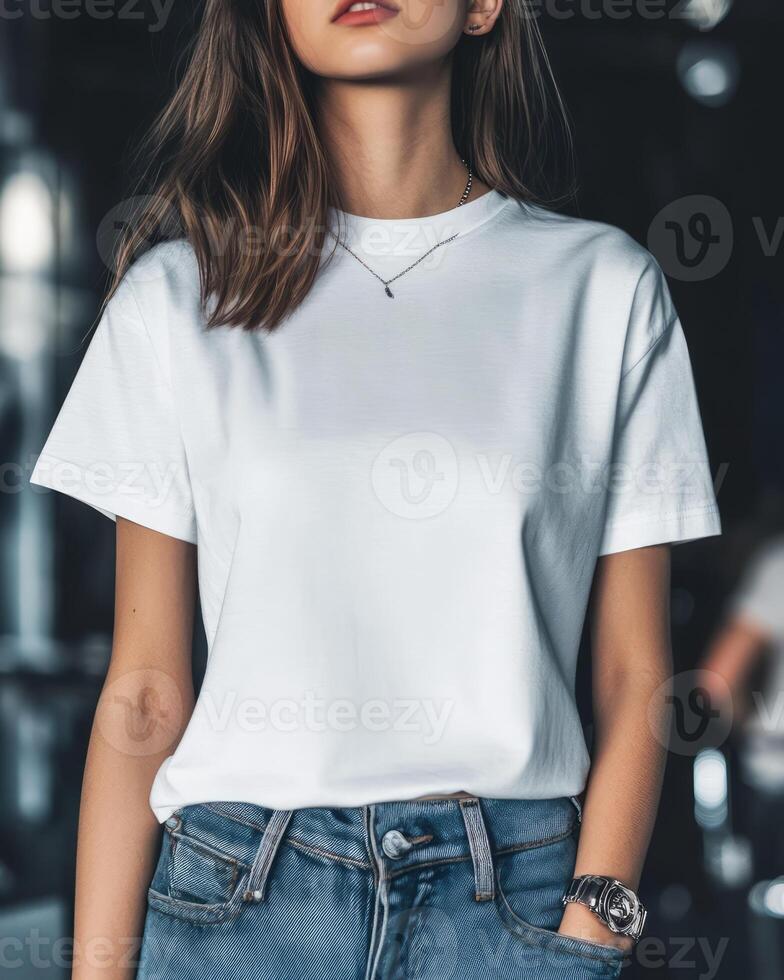 Model wears a blank white t-shirt and jeans in a stylish urban environment photo