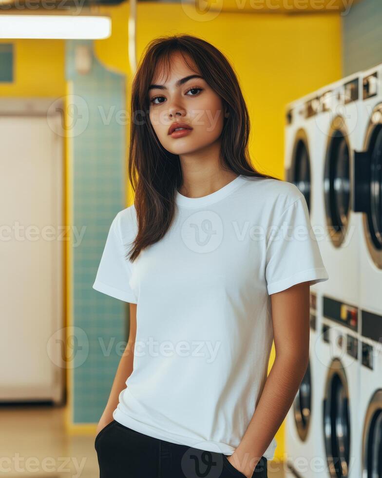 A confident model showcases a blank white t-shirt in a vibrant laundry room photo
