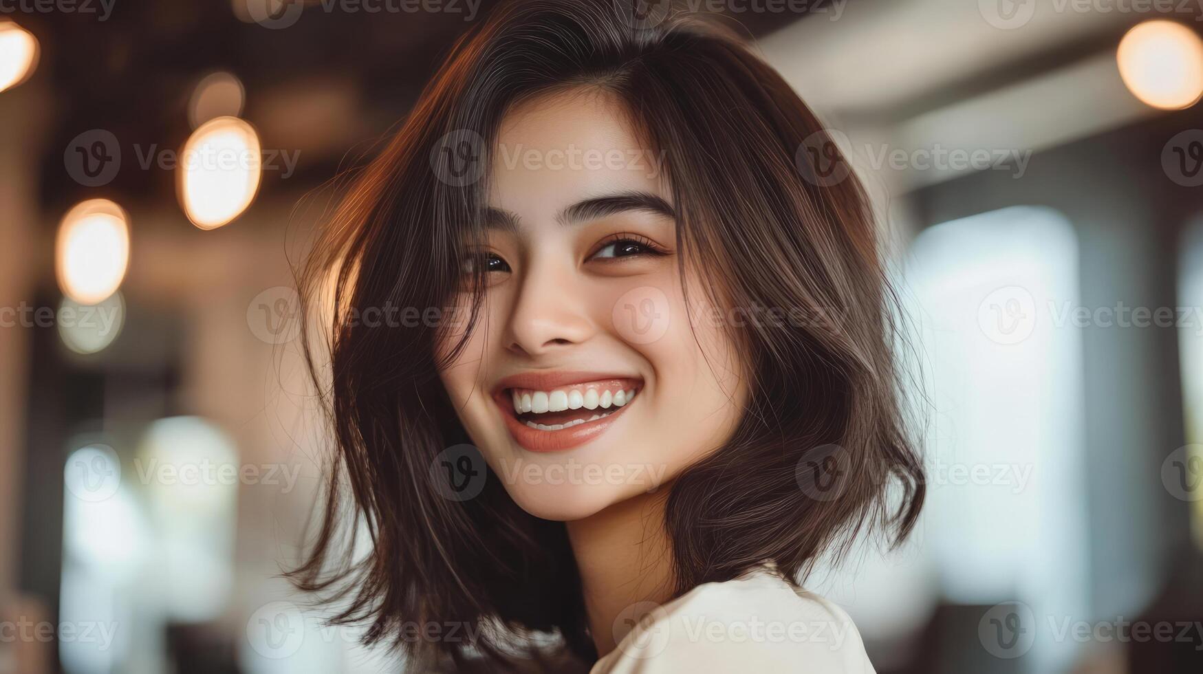 A cheerful woman smiles brightly while receiving beauty treatments in a salon photo