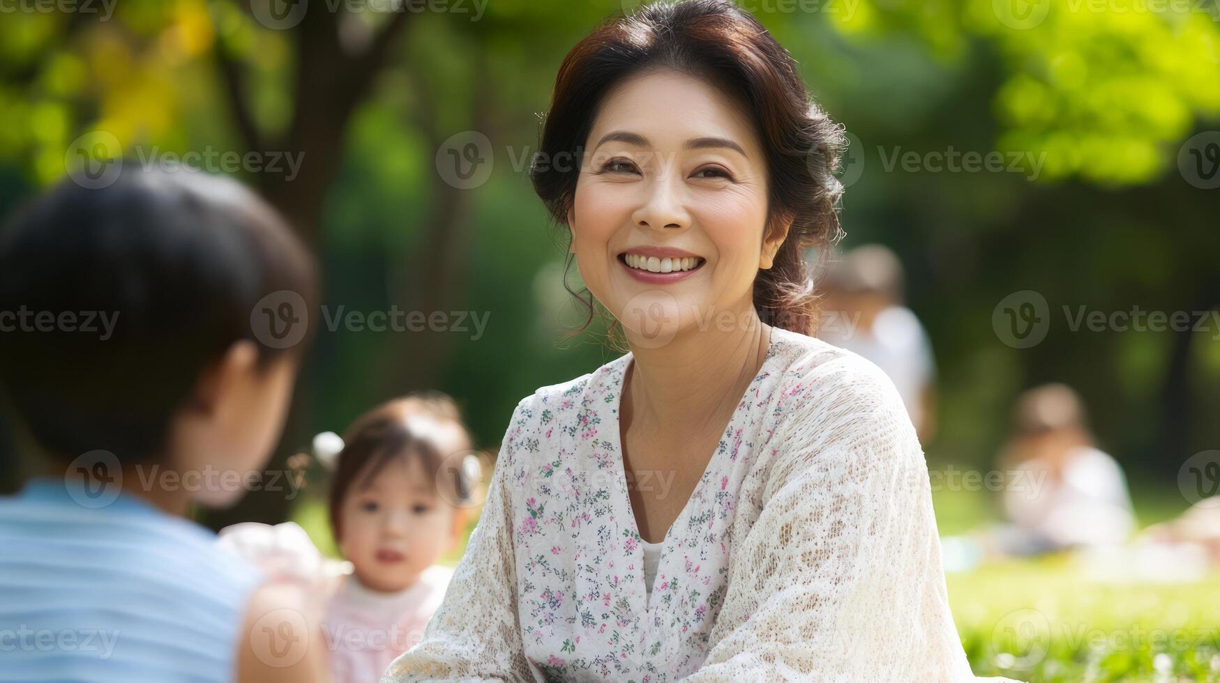 Cheerful woman shares laughter and love with children at a sunny picnic photo