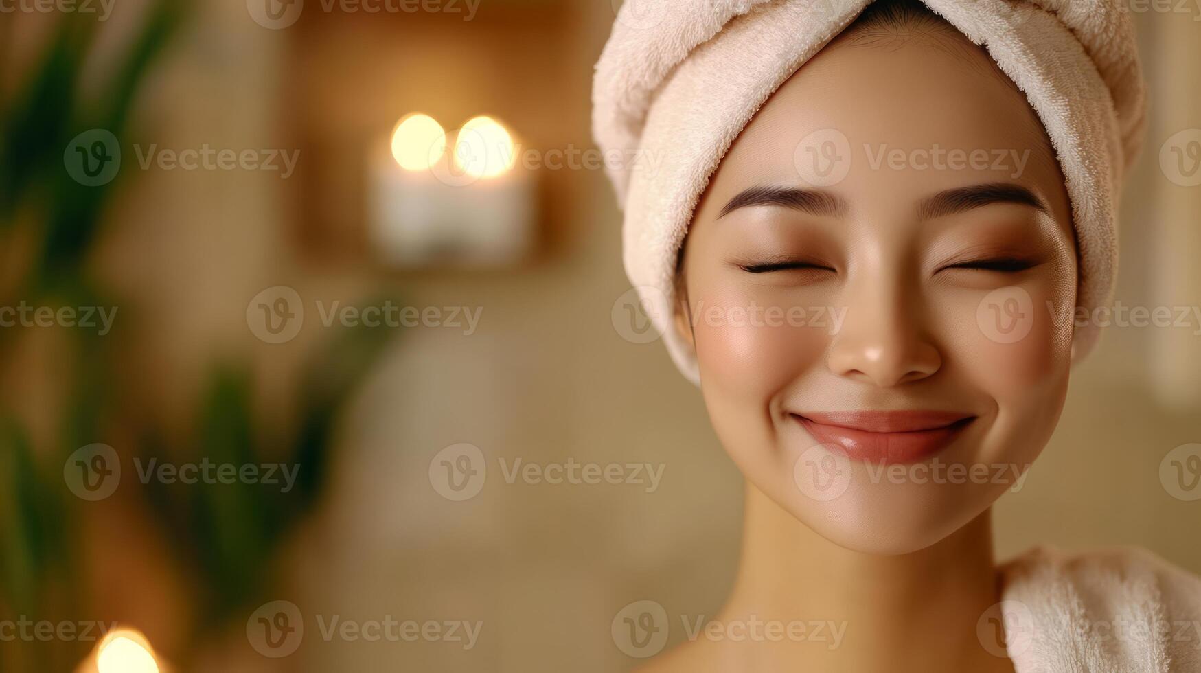 A joyful woman experiences pure bliss while at a calming spa retreat photo