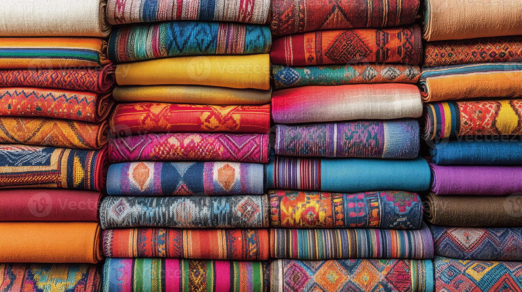 Colorful textiles are stacked neatly, displaying traditional designs from artisans photo