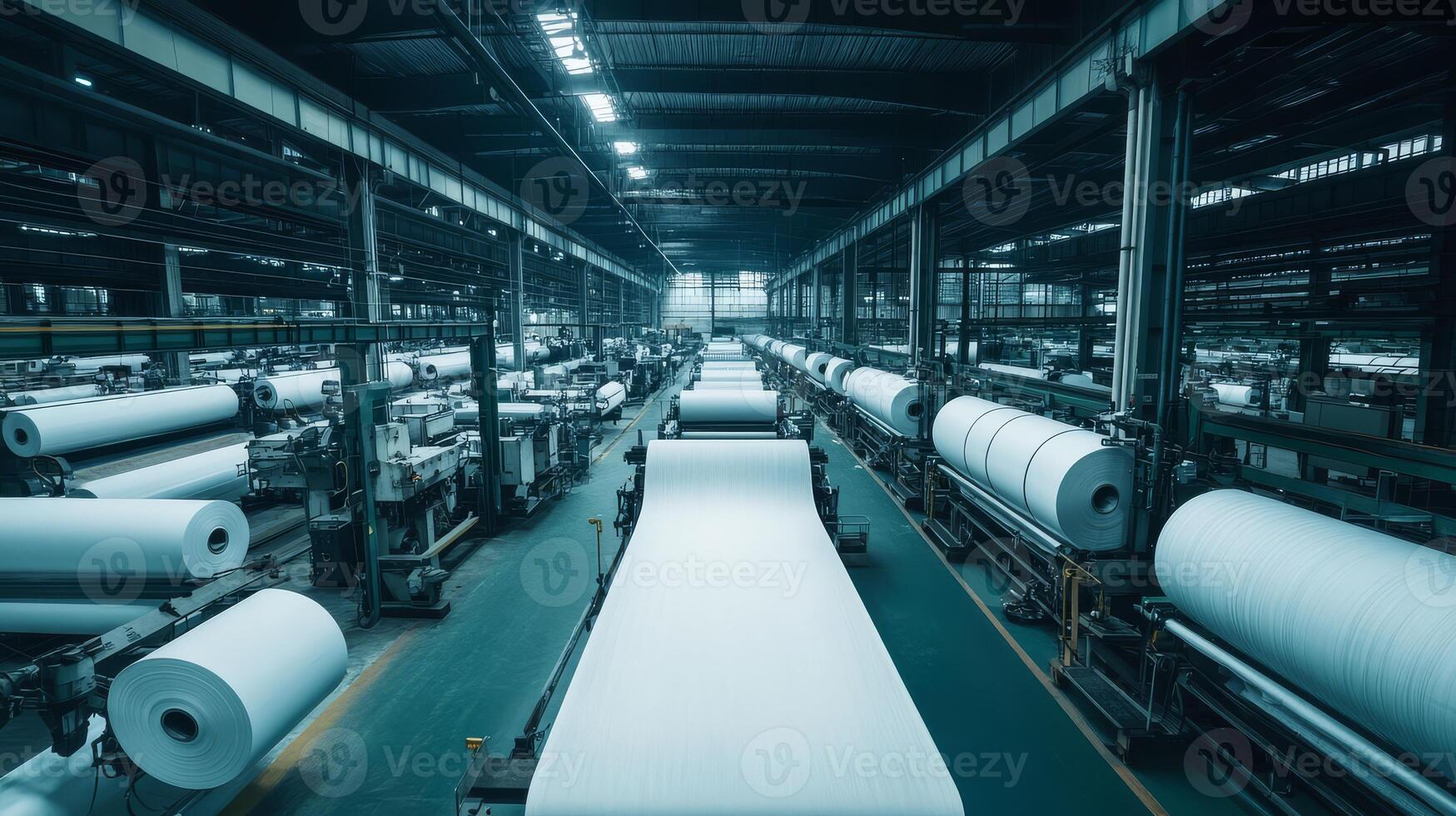 Large rolls of paper are being processed in a vibrant paper mill photo