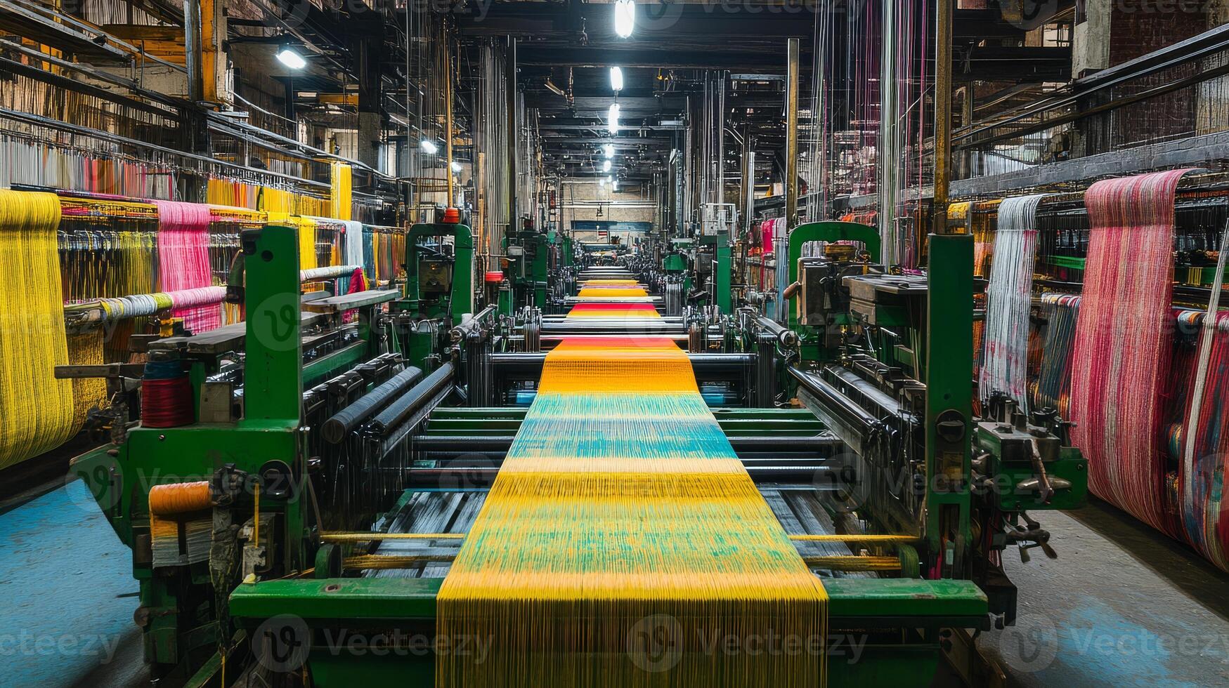 Colorful threads intertwine as looms work tirelessly in the textile mill photo