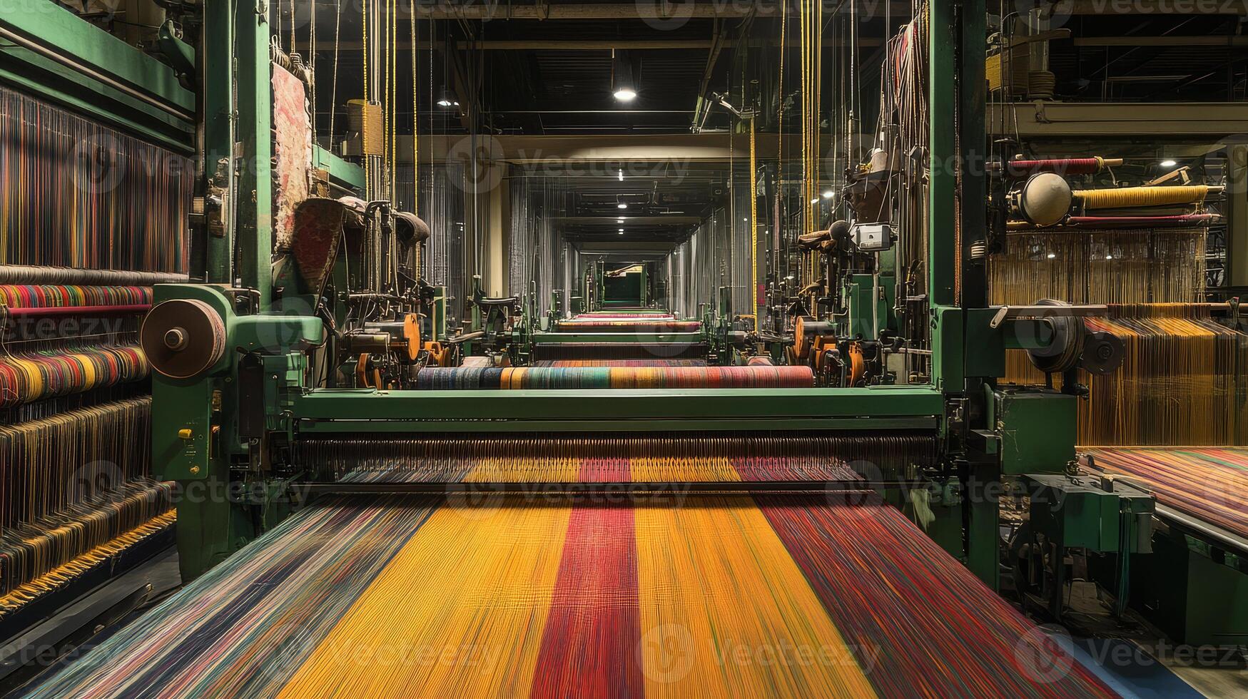 Looms create beautiful patterns in a textile factory lit under soft lighting photo