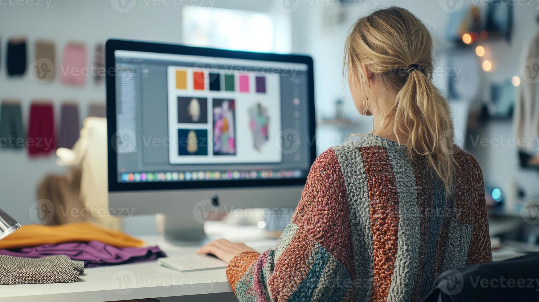 A designer crafts fashion concepts on a computer, surrounded by colorful fabrics photo