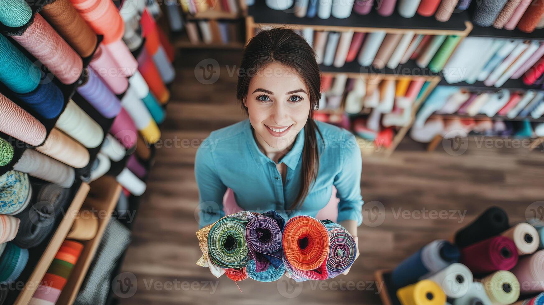 A cheerful woman displays an array of colorful fabric rolls in a crafting space photo